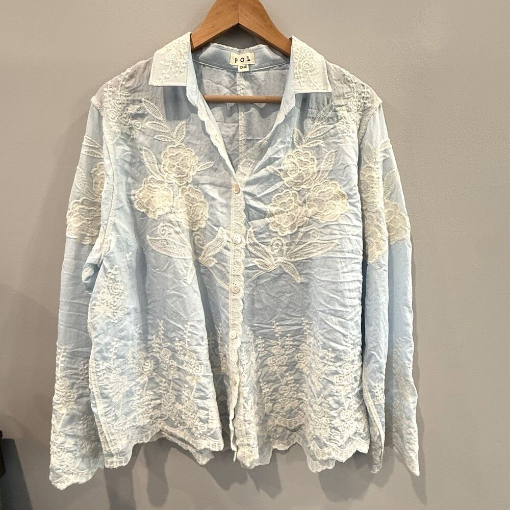POL Shirt NEW OS Embroidered Floral Button Up Top Blue Boho Lightweight Relaxed